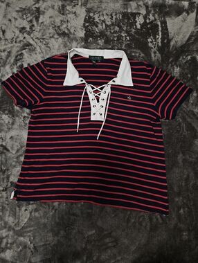 Vintage Lauren Ralph Lauren Navy & Red Lace-Up Striped Monogram Polo Size Xl